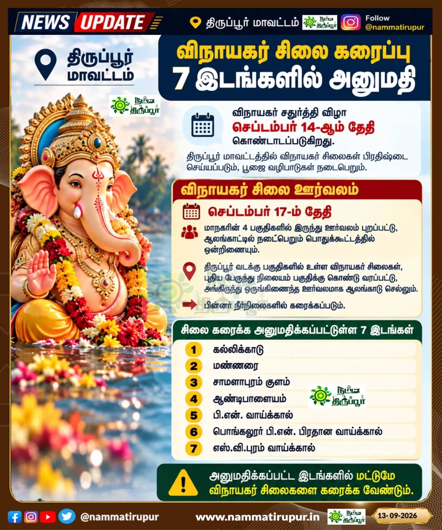 விநாயகர் சிலை கரைப்பு: திருப்பூரில் 7 இடங்களில் அனுமதி! 🐘🙏