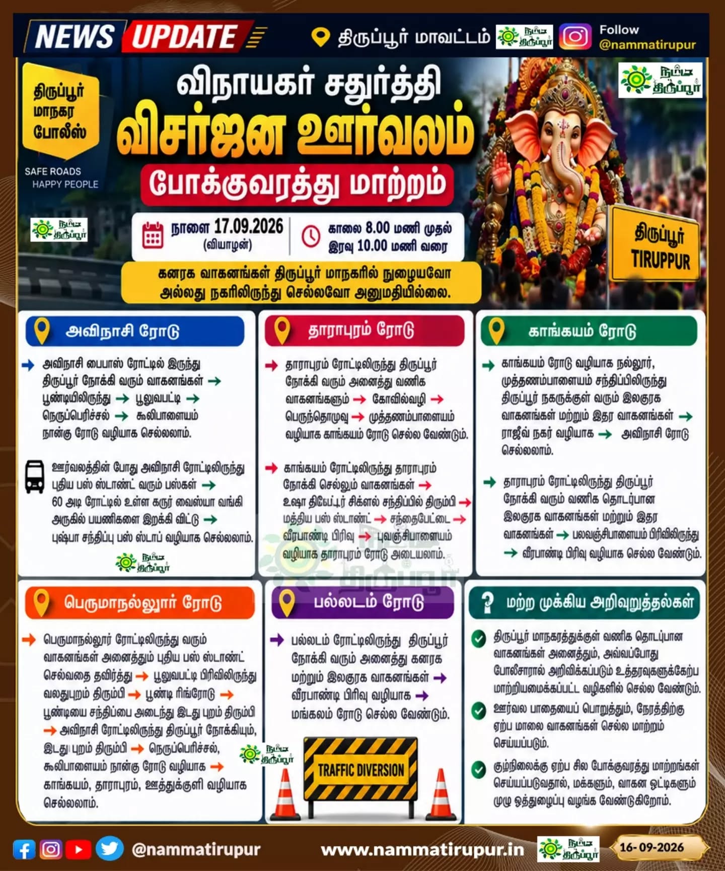 திருப்பூரில் நாளை விநாயகர் சிலை விசர்ஜன ஊர்வலம் – போக்குவரத்து மாற்றம்!