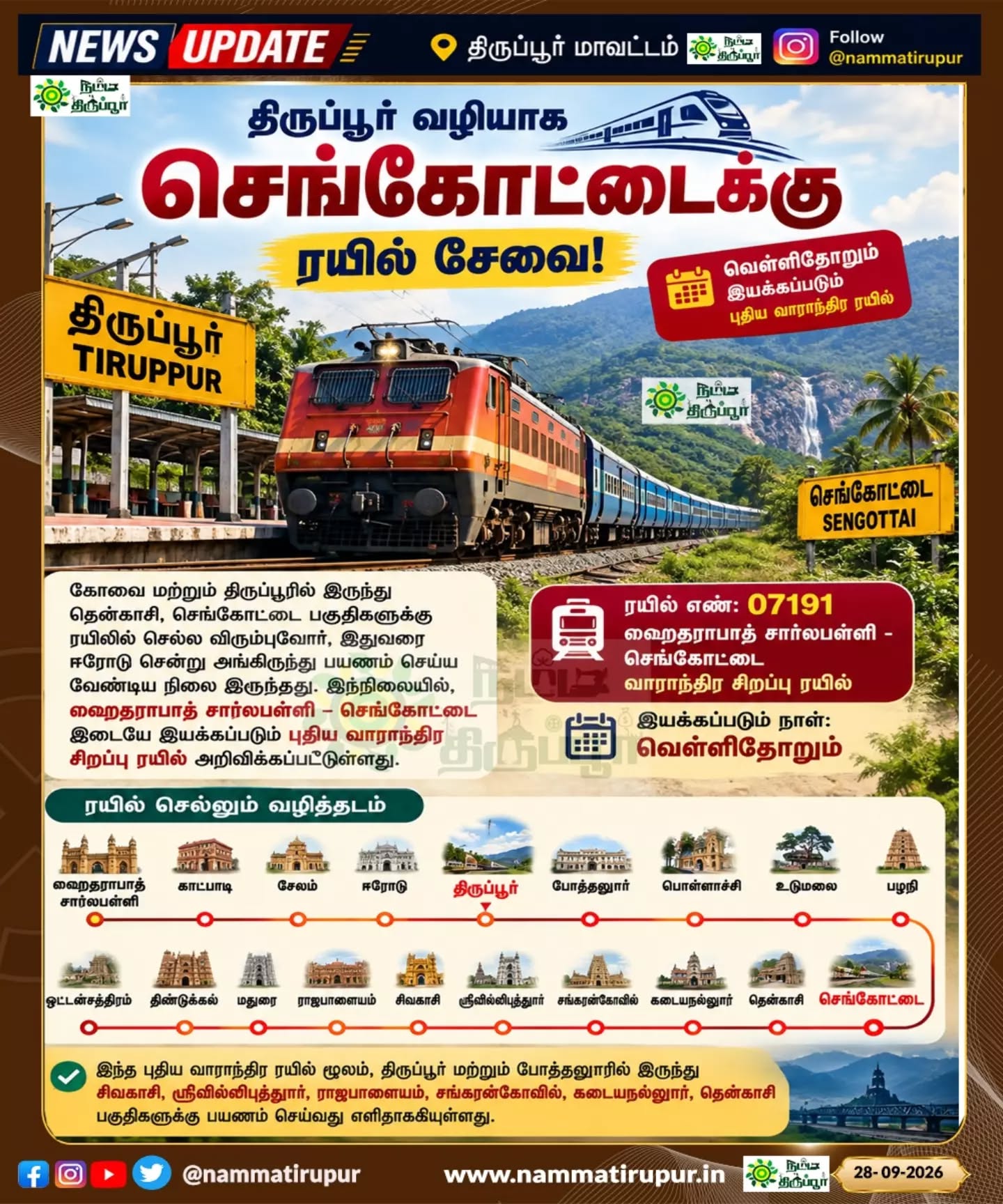 🚆 திருப்பூர் வழியாக செங்கோட்டைக்கு ரயில்!